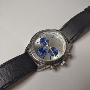 Silver Tone And Blue Watch With Leather Band